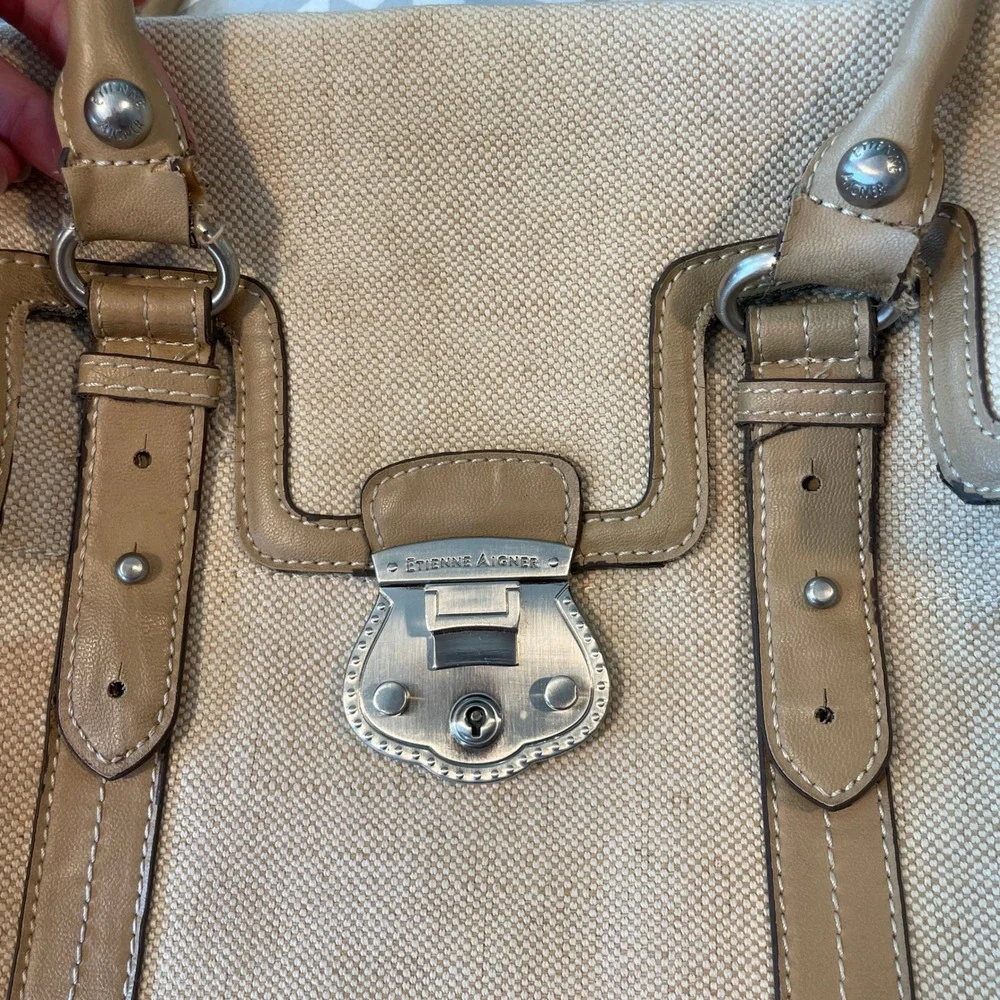 Etienne Aigner Jute Canvas and Leather Satchel Shoulder Bag Tan Beige Doctor Bag